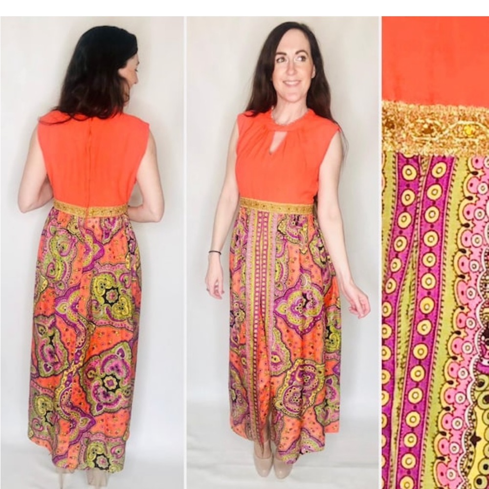 Vintage red paisley evening dress, size 14, 1960s dress, 1960s fashion, bright - Picture 1 of 6